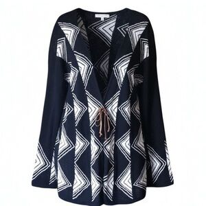 NIC + ZOE Geometric Diamond Knit Open Front Cardigan Sweater Black White Medium